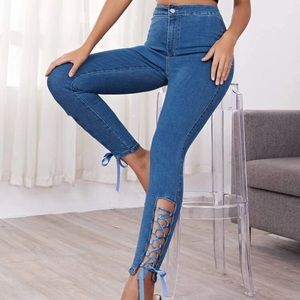 Blue High Waisted Lace Tie Denim Jeans in